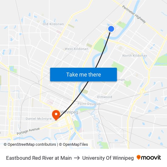 Eastbound Red River at Main to University Of Winnipeg map