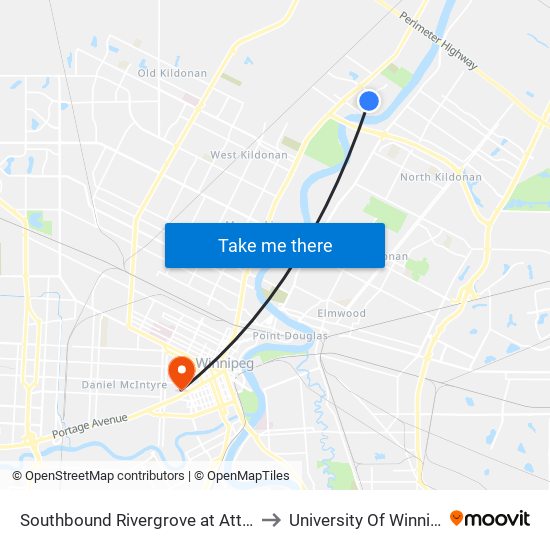 Southbound Rivergrove at Attridge to University Of Winnipeg map