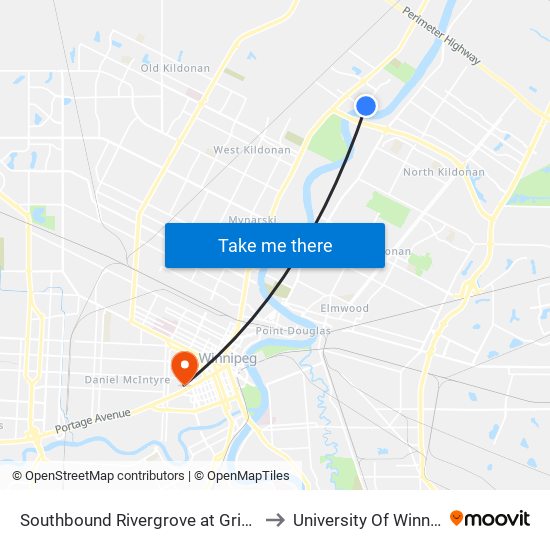 Southbound Rivergrove at Grifindale to University Of Winnipeg map