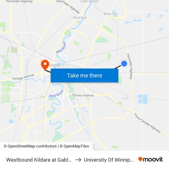 Westbound Kildare at Gables to University Of Winnipeg map