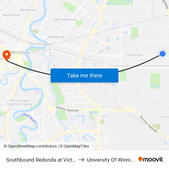 Southbound Redonda at Victoria to University Of Winnipeg map