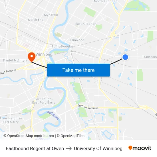 Eastbound Regent at Owen to University Of Winnipeg map