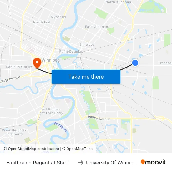 Eastbound Regent at Starlight to University Of Winnipeg map