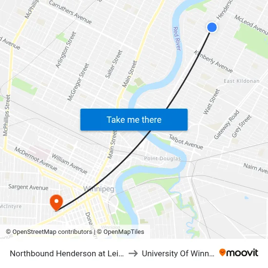 Northbound Henderson at Leighton to University Of Winnipeg map