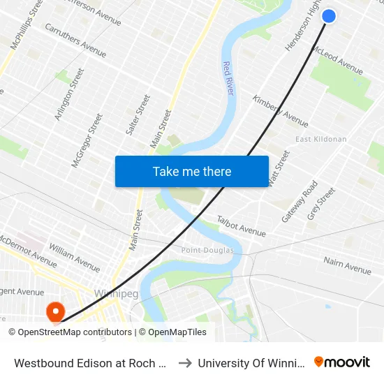 Westbound Edison at Roch West to University Of Winnipeg map