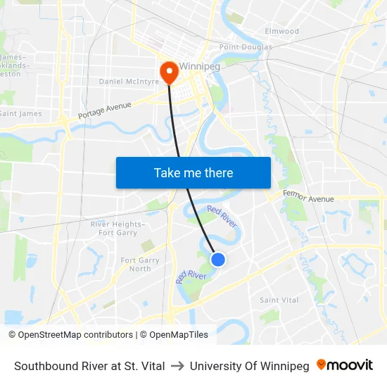 Southbound River at St. Vital to University Of Winnipeg map