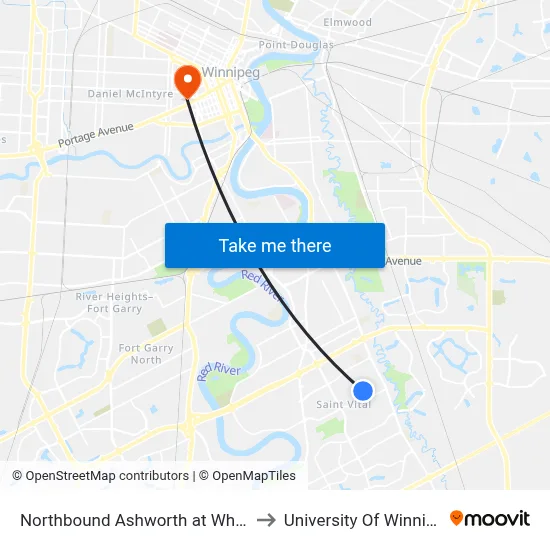 Northbound Ashworth at Whitley to University Of Winnipeg map