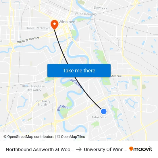 Northbound Ashworth at Woodydell to University Of Winnipeg map