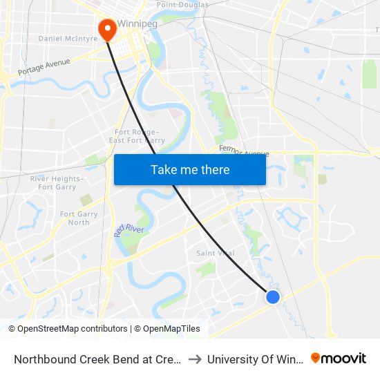 Northbound Creek Bend at Creek Bend to University Of Winnipeg map