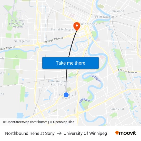 Northbound Irene at Sony to University Of Winnipeg map