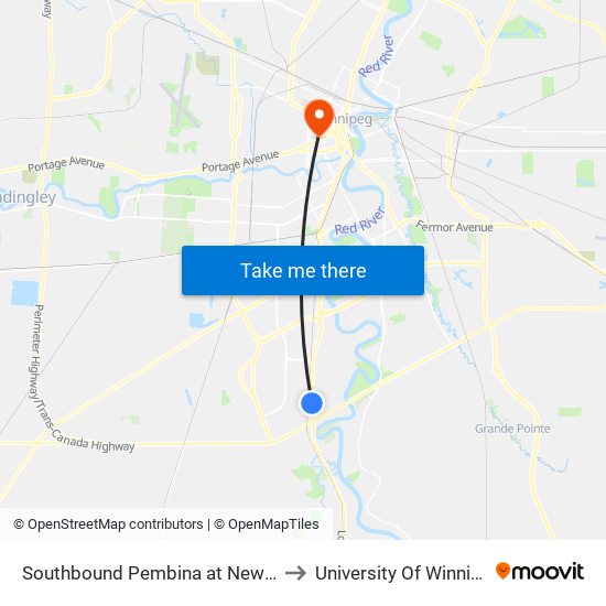 Southbound Pembina at Newdale to University Of Winnipeg map