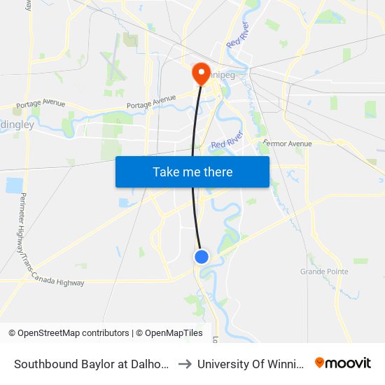 Southbound Baylor at Dalhousie to University Of Winnipeg map