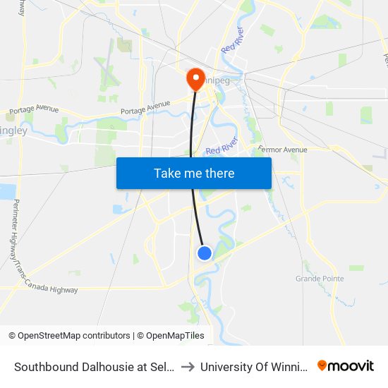 Southbound Dalhousie at Selwyn to University Of Winnipeg map