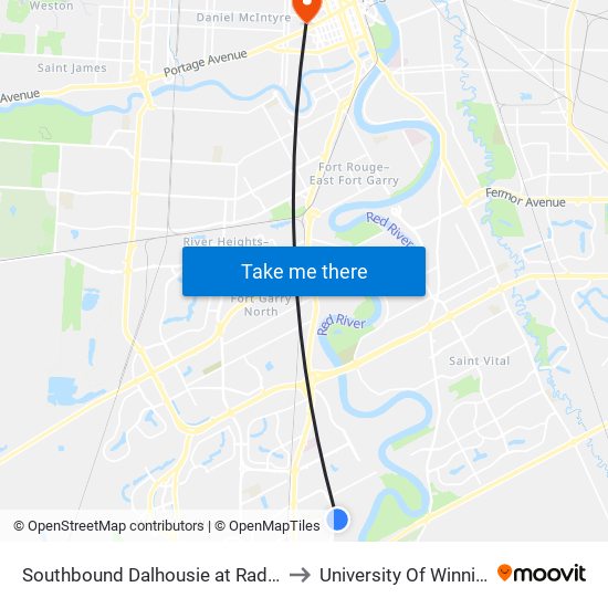 Southbound Dalhousie at Radcliffe to University Of Winnipeg map