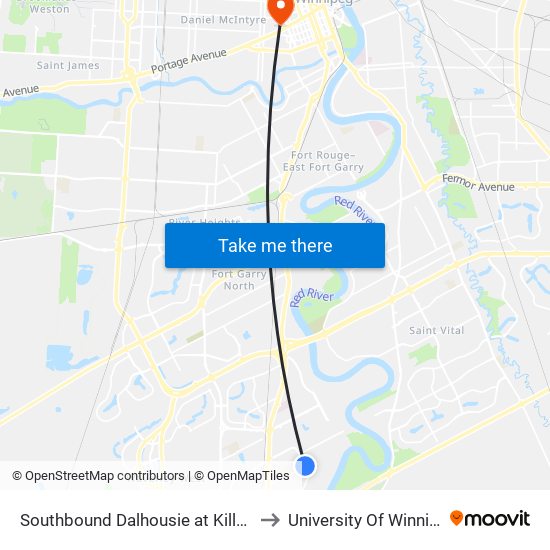 Southbound Dalhousie at Killarney to University Of Winnipeg map