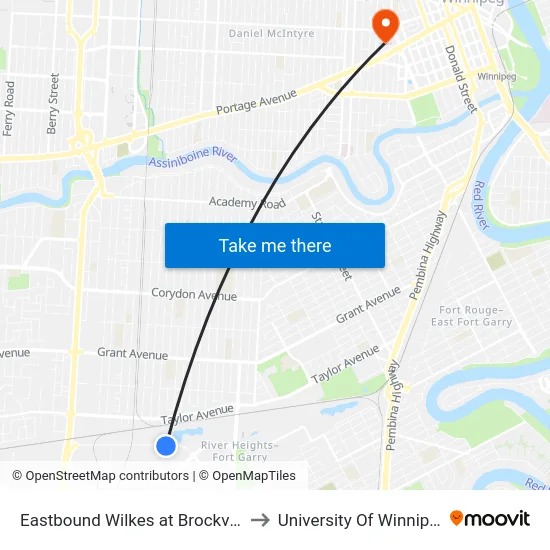Eastbound Wilkes at Brockville to University Of Winnipeg map