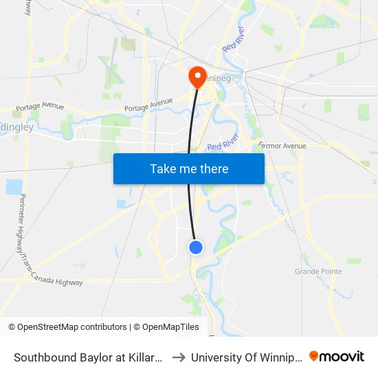 Southbound Baylor at Killarney to University Of Winnipeg map