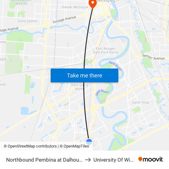 Northbound Pembina at Dalhousie North to University Of Winnipeg map