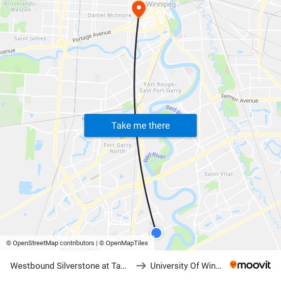 Westbound Silverstone at Tamworth to University Of Winnipeg map