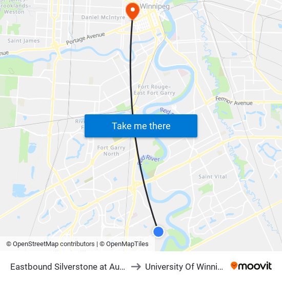 Eastbound Silverstone at Aurora to University Of Winnipeg map