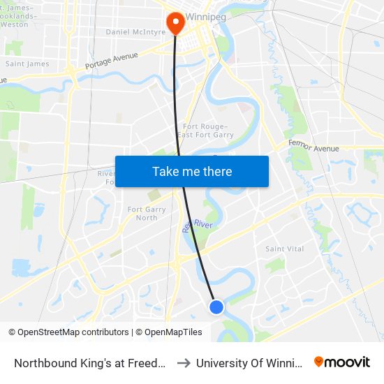 Northbound King's at Freedman to University Of Winnipeg map