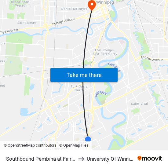 Southbound Pembina at Fairfield to University Of Winnipeg map