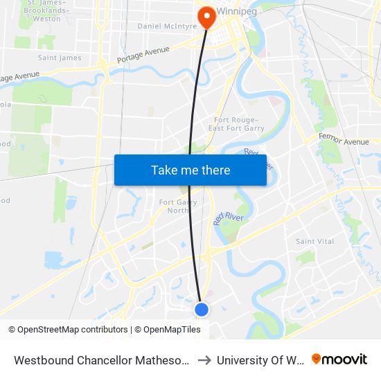 Westbound Chancellor Matheson at Pembina to University Of Winnipeg map