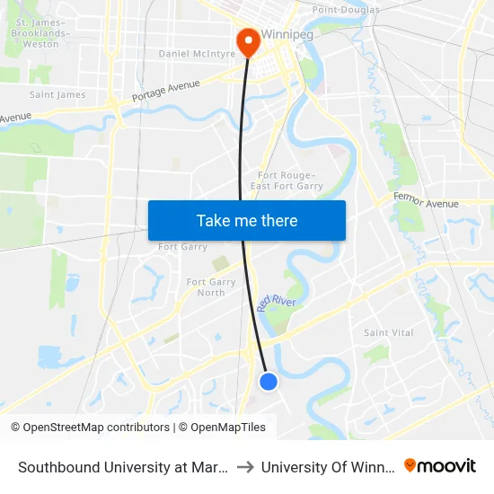 Southbound University at Markham to University Of Winnipeg map