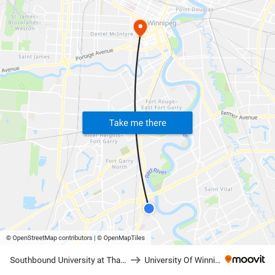 Southbound University at Thatcher to University Of Winnipeg map