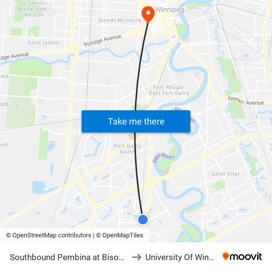 Southbound Pembina at Bison North to University Of Winnipeg map