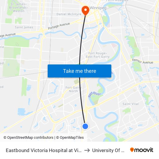 Eastbound Victoria Hospital at Victoria Hospital to University Of Winnipeg map