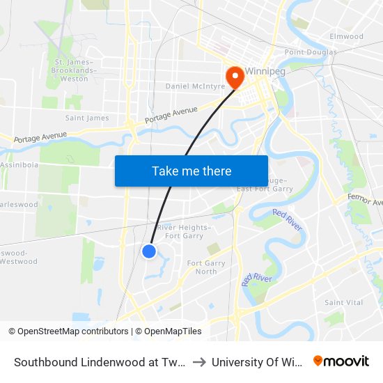 Southbound Lindenwood at Tweedsmuir to University Of Winnipeg map