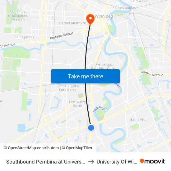 Southbound Pembina at University Crescent to University Of Winnipeg map