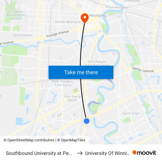 Southbound University at Pembina to University Of Winnipeg map