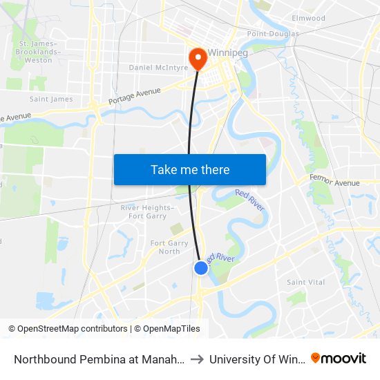 Northbound Pembina at Manahan South to University Of Winnipeg map