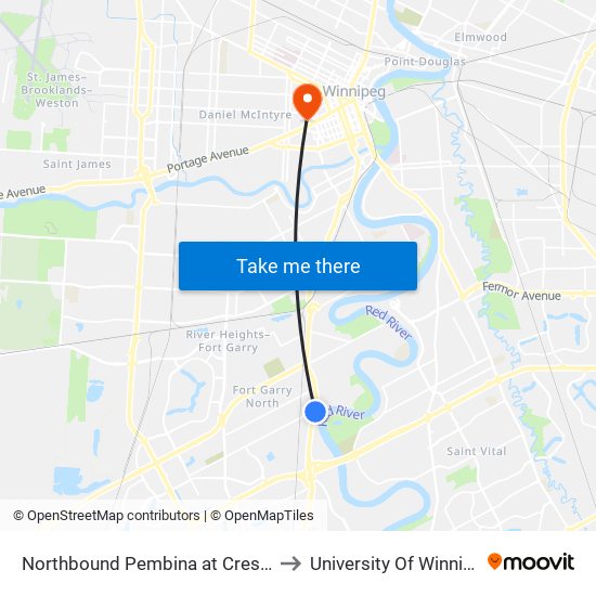 Northbound Pembina at Crescent to University Of Winnipeg map
