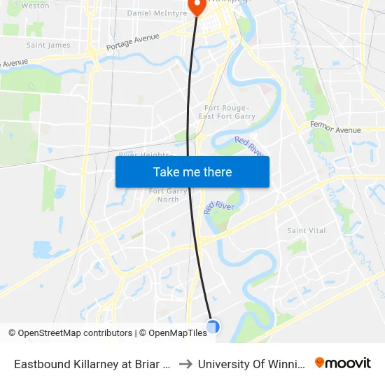 Eastbound Killarney at Briar Cliff to University Of Winnipeg map