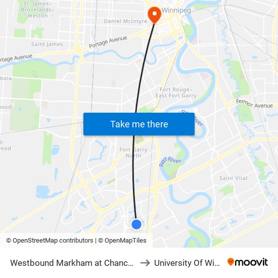 Westbound Markham at Chancellor West to University Of Winnipeg map