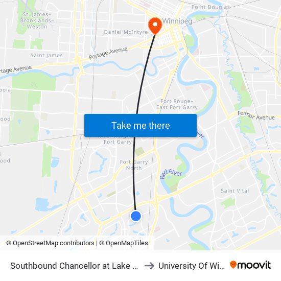 Southbound Chancellor at Lake Grove West to University Of Winnipeg map