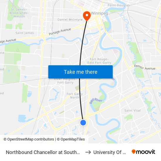 Northbound Chancellor at Southwest Transitway to University Of Winnipeg map