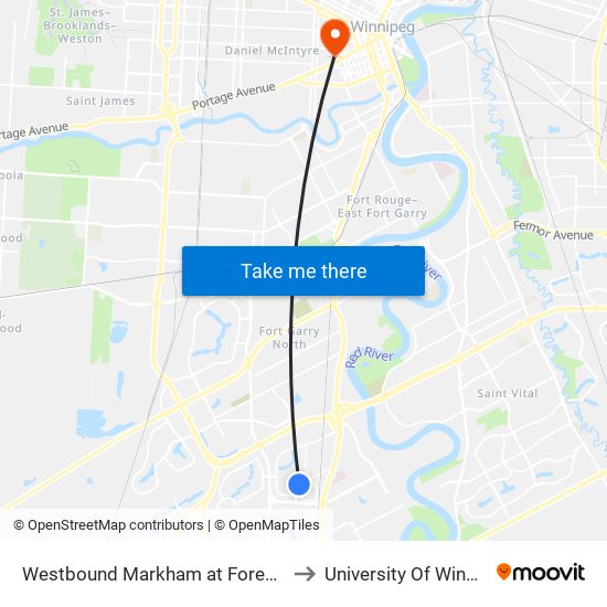 Westbound Markham at Forest Lake to University Of Winnipeg map