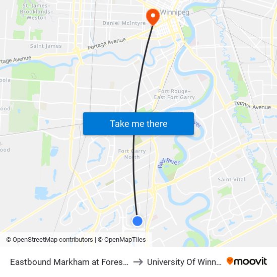 Eastbound Markham at Forest Lake to University Of Winnipeg map