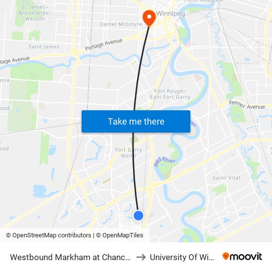 Westbound Markham at Chancellor East to University Of Winnipeg map