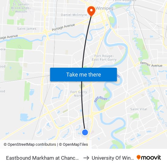 Eastbound Markham at Chancellor East to University Of Winnipeg map