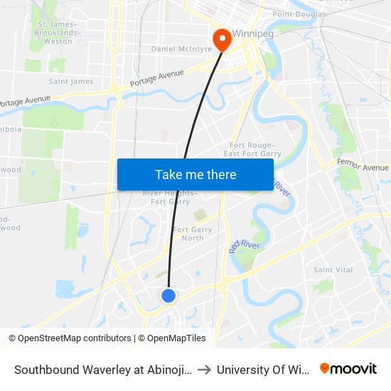 Southbound Waverley at Abinojii Mikanah to University Of Winnipeg map