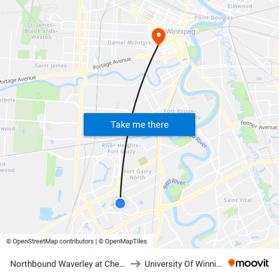 Northbound Waverley at Chevrier to University Of Winnipeg map