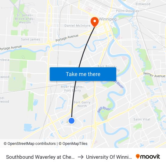 Southbound Waverley at Chevrier to University Of Winnipeg map