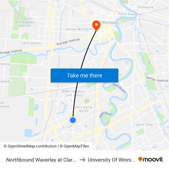 Northbound Waverley at Clarence to University Of Winnipeg map