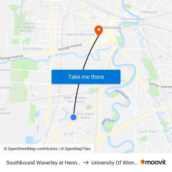 Southbound Waverley at Hennessey to University Of Winnipeg map