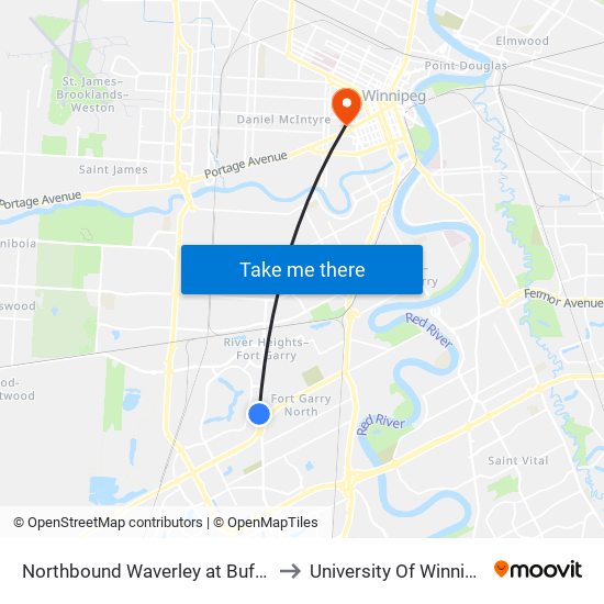 Northbound Waverley at Buffalo to University Of Winnipeg map